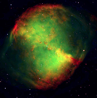 The Dumbell Nebula is gas ejected from a star in its later evolutionary stages.